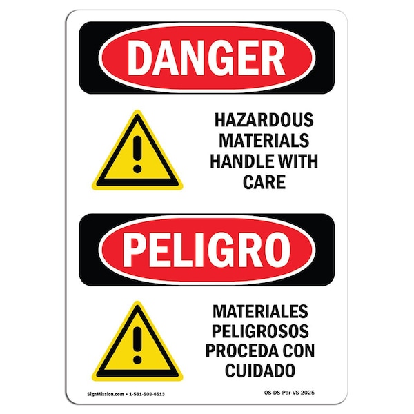 Safety Sign, OSHA, 5" Height, Hazardous Materials Handle With Care, Spanish, 10PK